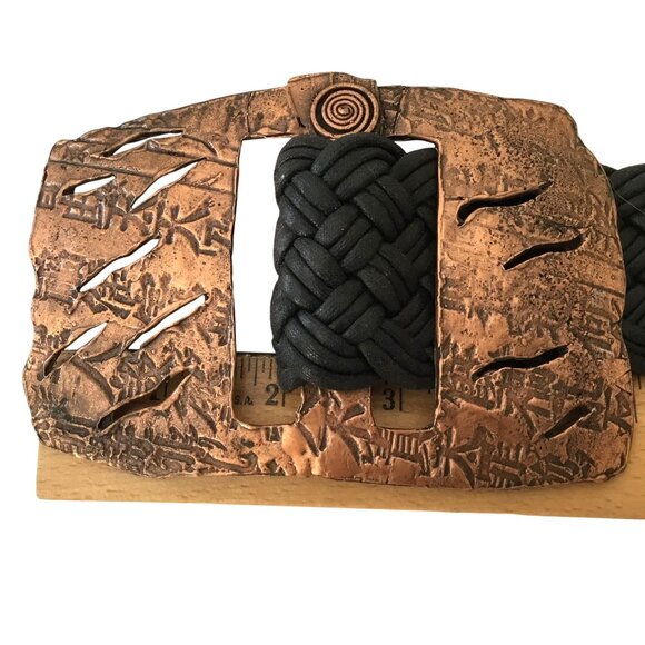 Vintage Black Braided Belt Copper Concho Statement Buckle Adjustable One Size main image 7